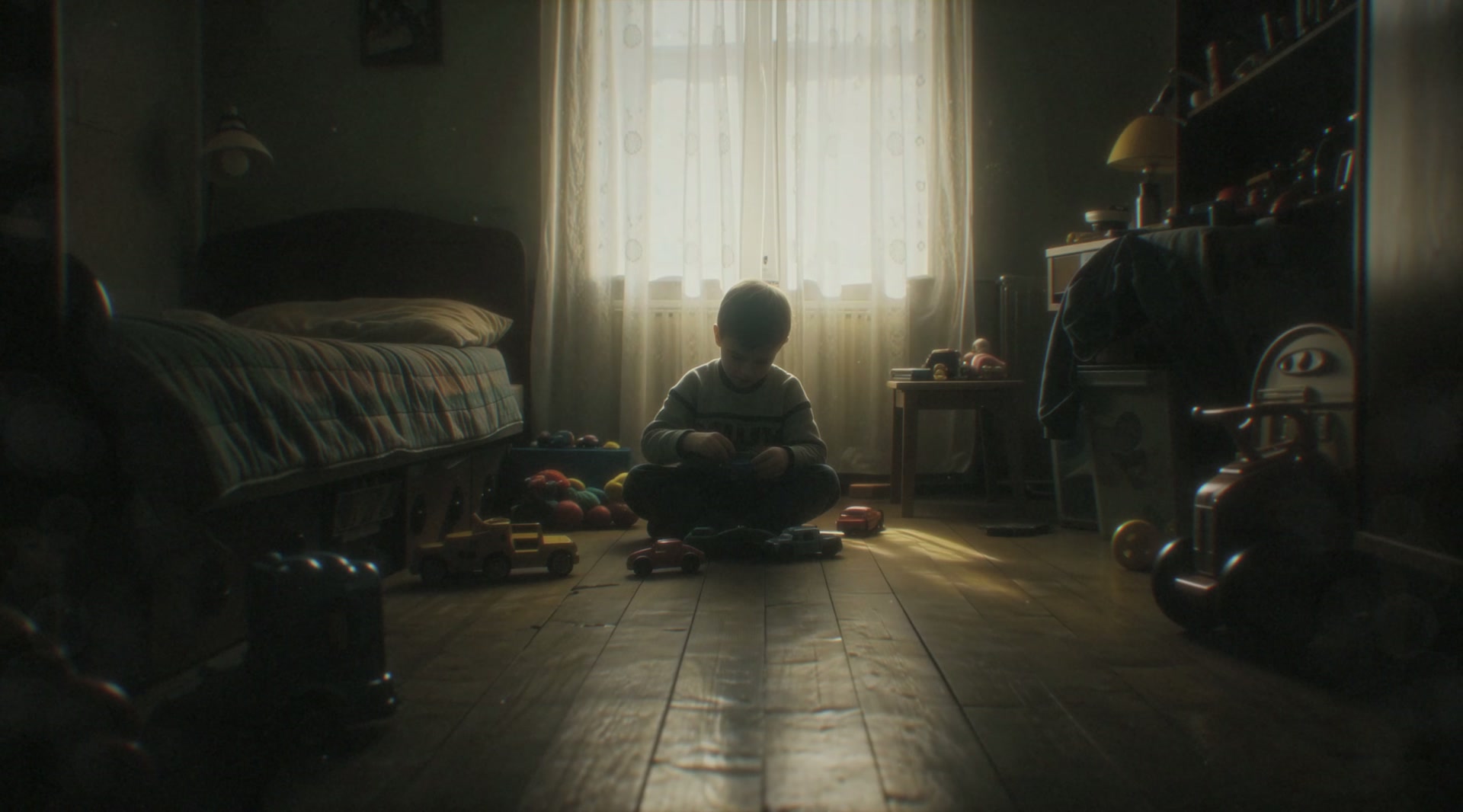Child playing on bedroom floor surrounded by toy cars in warm afternoon light