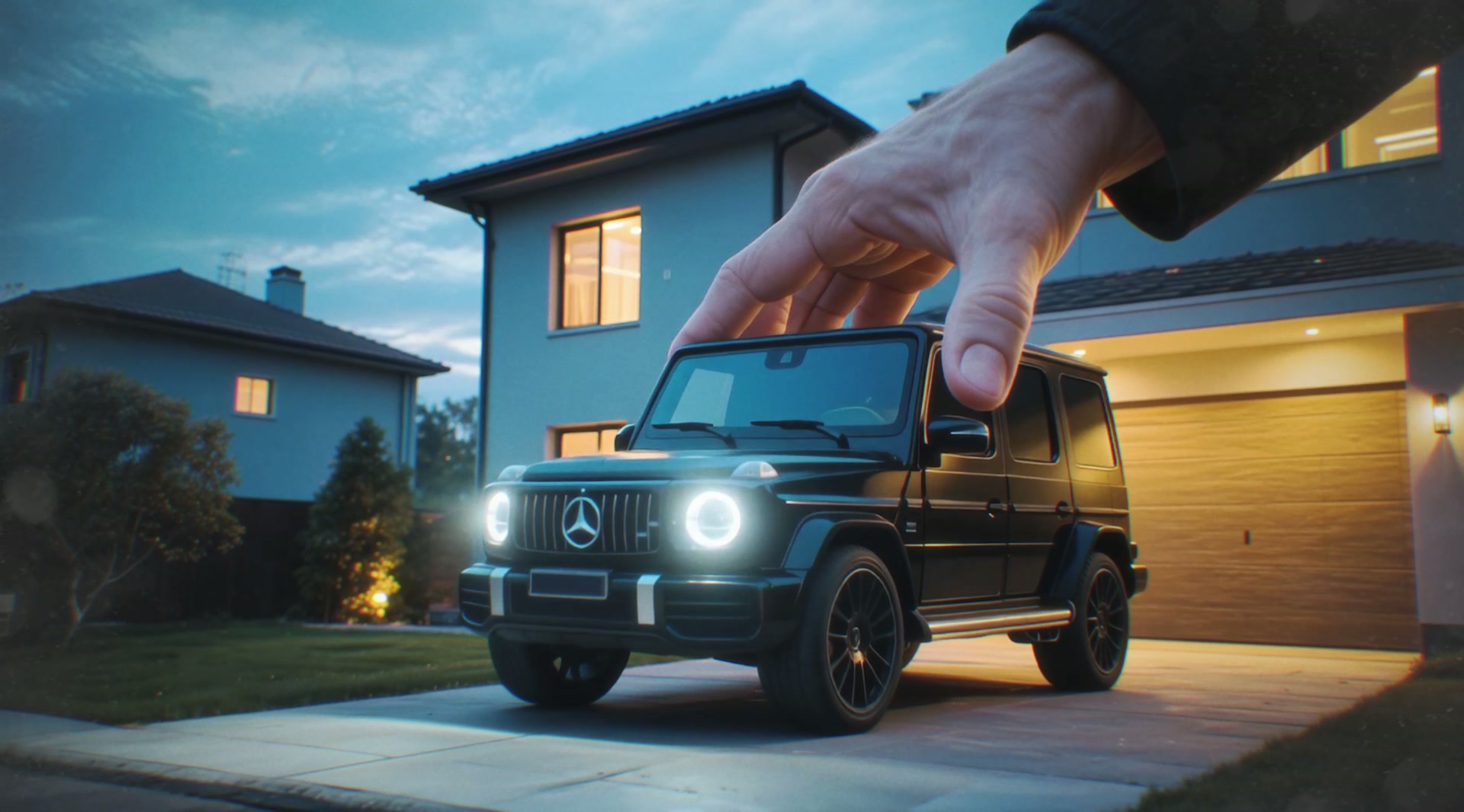 Real Mercedes G-Class parked in the driveway at dusk