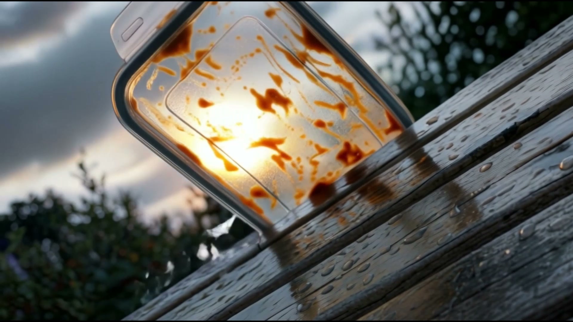 Stained takeout container glowing in the sunset light
