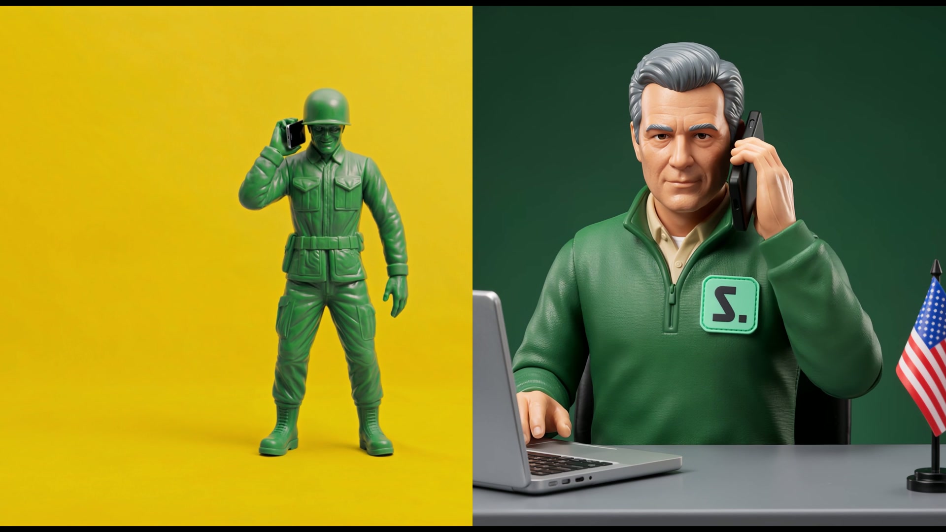 Toy soldier and miniature financial advisor in a split-screen phone conversation