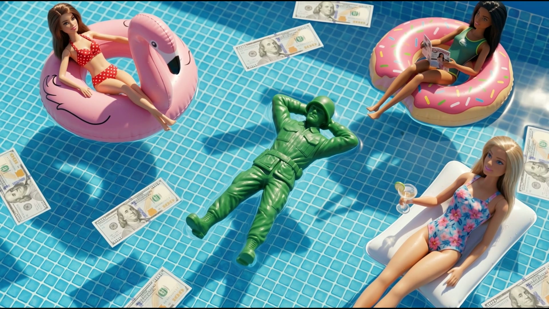 Toy soldier floating in a pool with dolls and scattered banknotes
