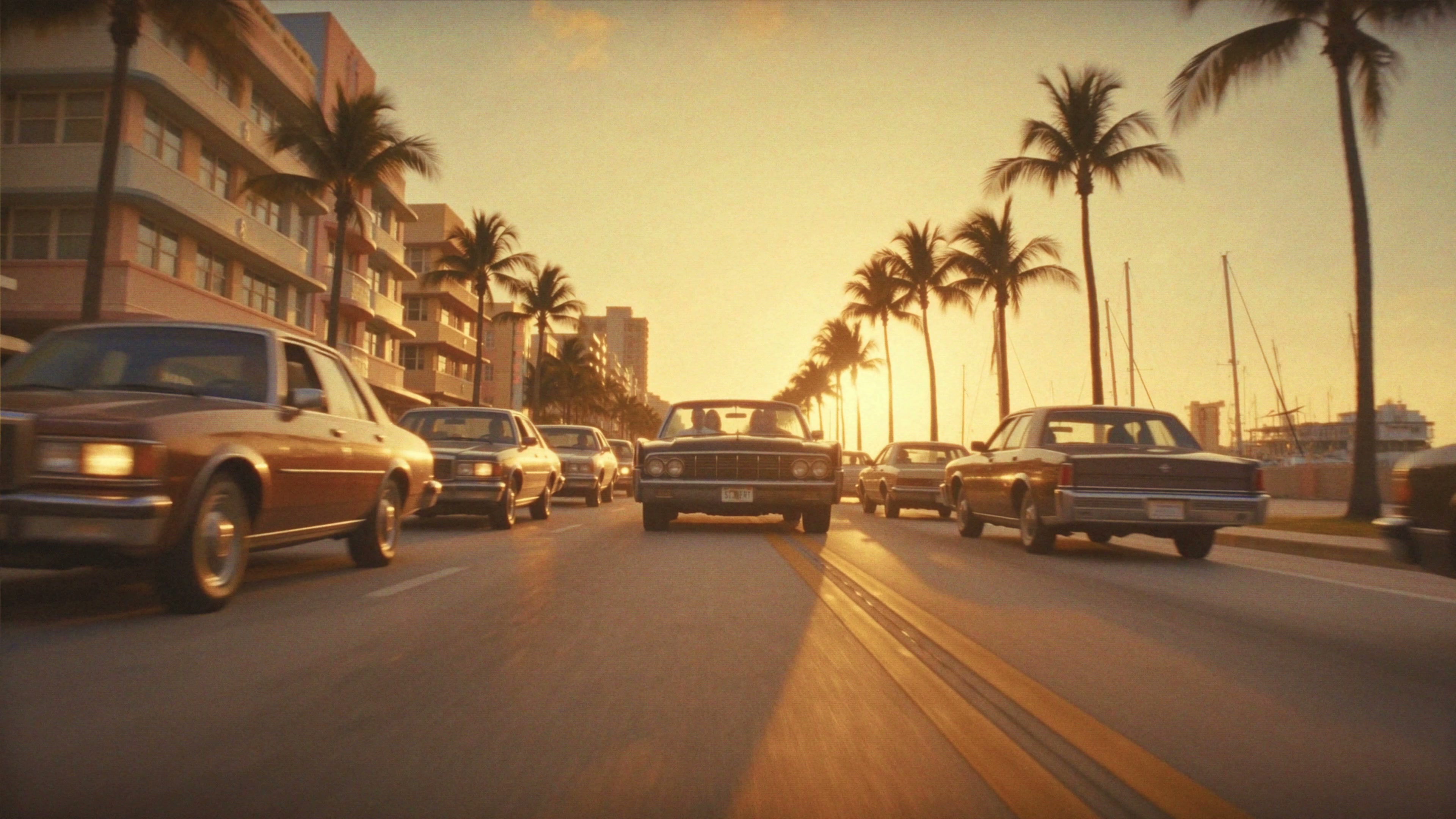 Convertible in golden-hour traffic